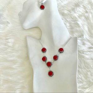RED CORAL SET EARRINGS & NECKLACE. .925 Silver.